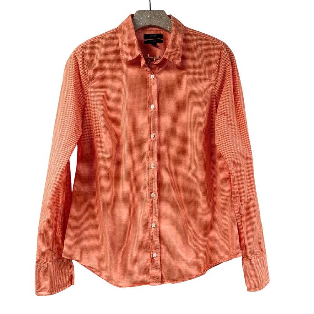 J Crew Perfect Shirt Orange Micro Plaid Long Sleeve 100% Cotton Button Front 8